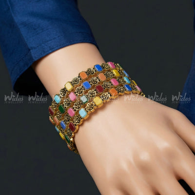 Multi Stone 4 Pcs Bangles for Girls/Women